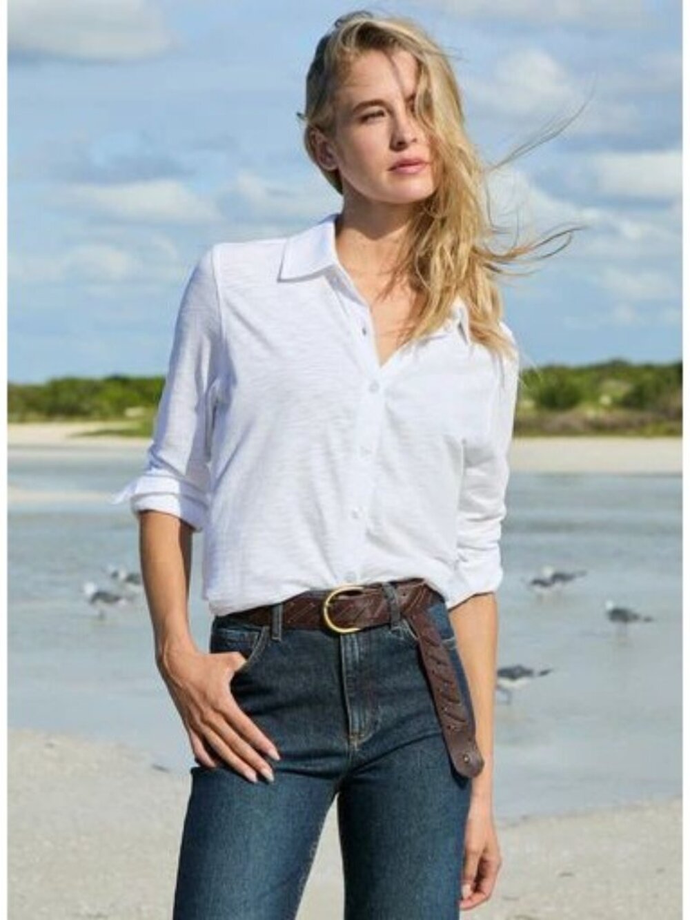 Peruvian Connection White Jersey Button Front Shirt, Size Medium